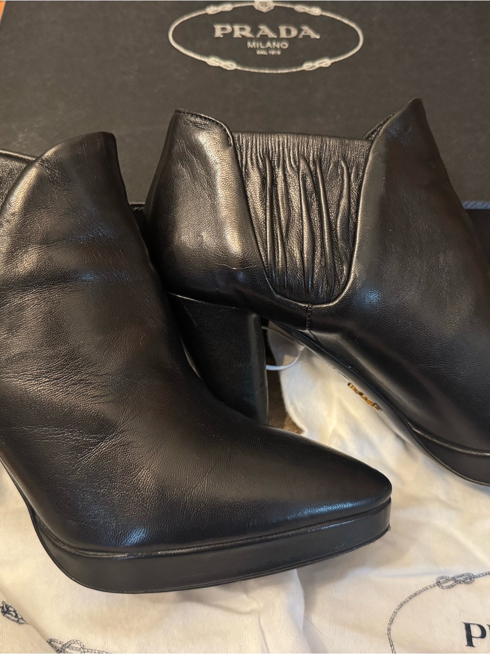 Prada Black Leather Pointed Platform Ankle Booties 37/7 - Picture 2 of 8
